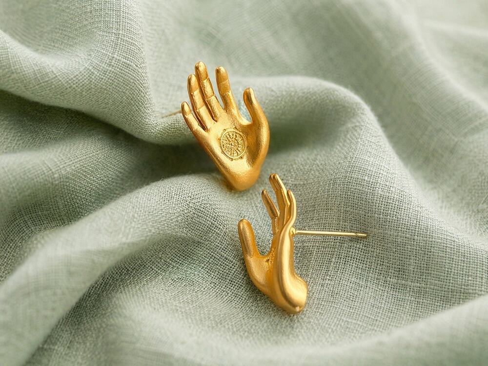 Museum Gold Hand Symbol Earrings Palm Design Artistic Statement Stud Boho Hamsa